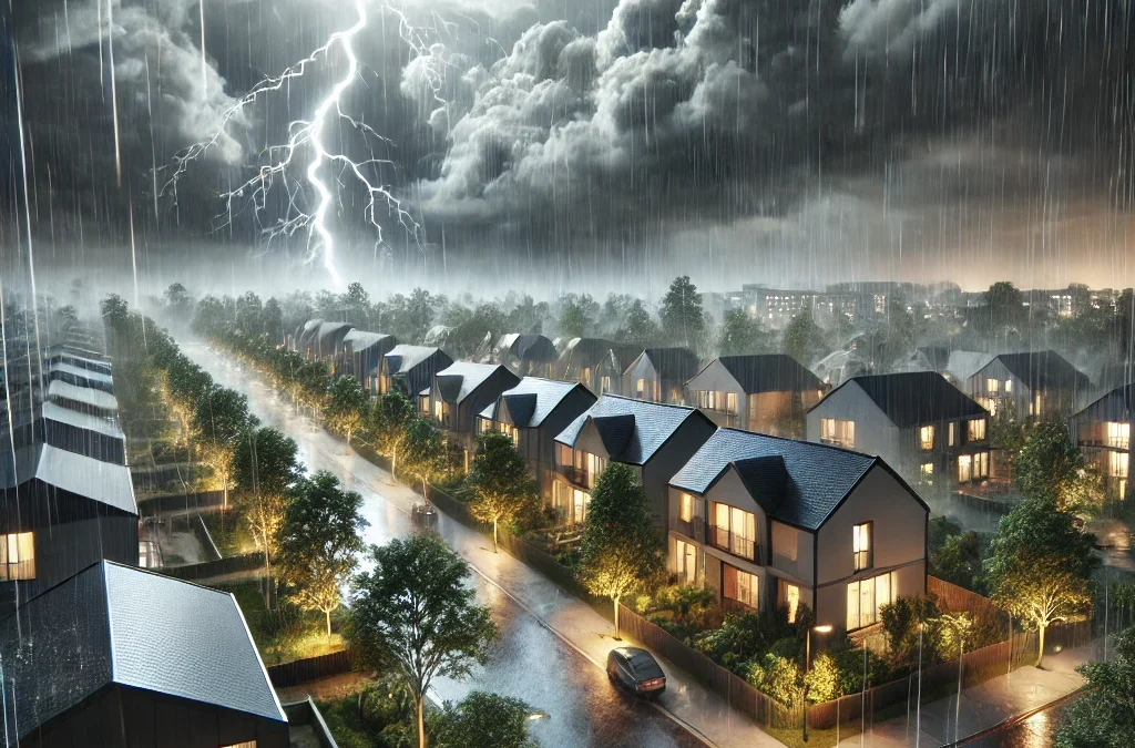 a thunderstorm over a residential neighborhood